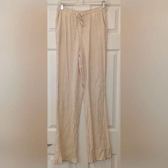 Zara Beige Textured Wave Crinkle Gauze Wide Leg Elastic Waist Sz S Pockets Boho - Picture 6 of 13